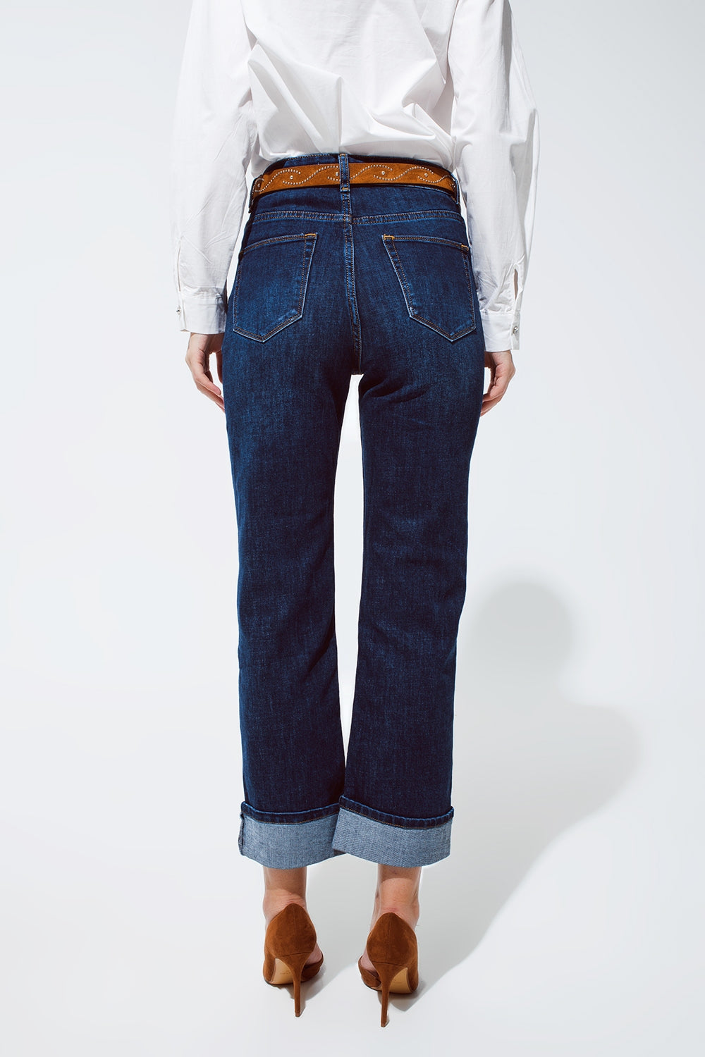 relaxed fit blue jeans with cuffed hem detail - Jeans