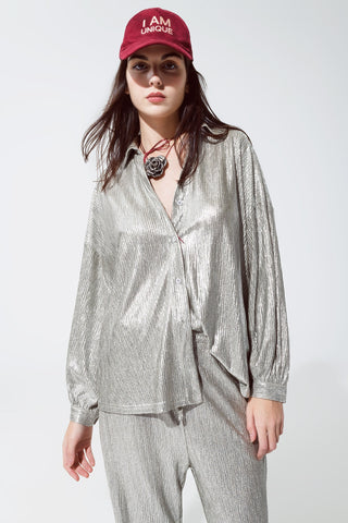 Chemise boutonnée coupe décontractée avec manches ballon en argent