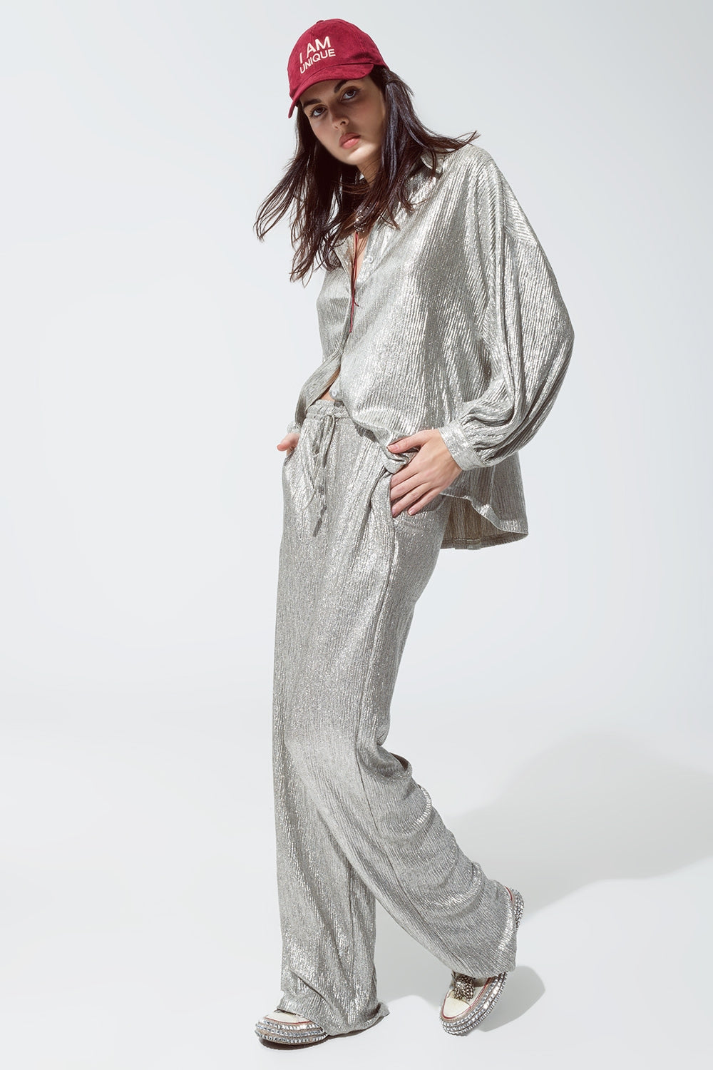 Relaxed Fit Button Down Shirt With Balloon Sleeves in Silver - Shirts