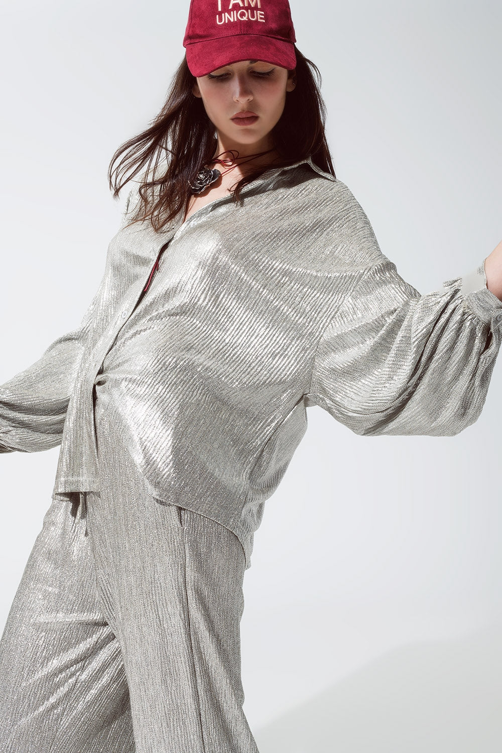 Relaxed Fit Button Down Shirt With Balloon Sleeves in Silver - Shirts