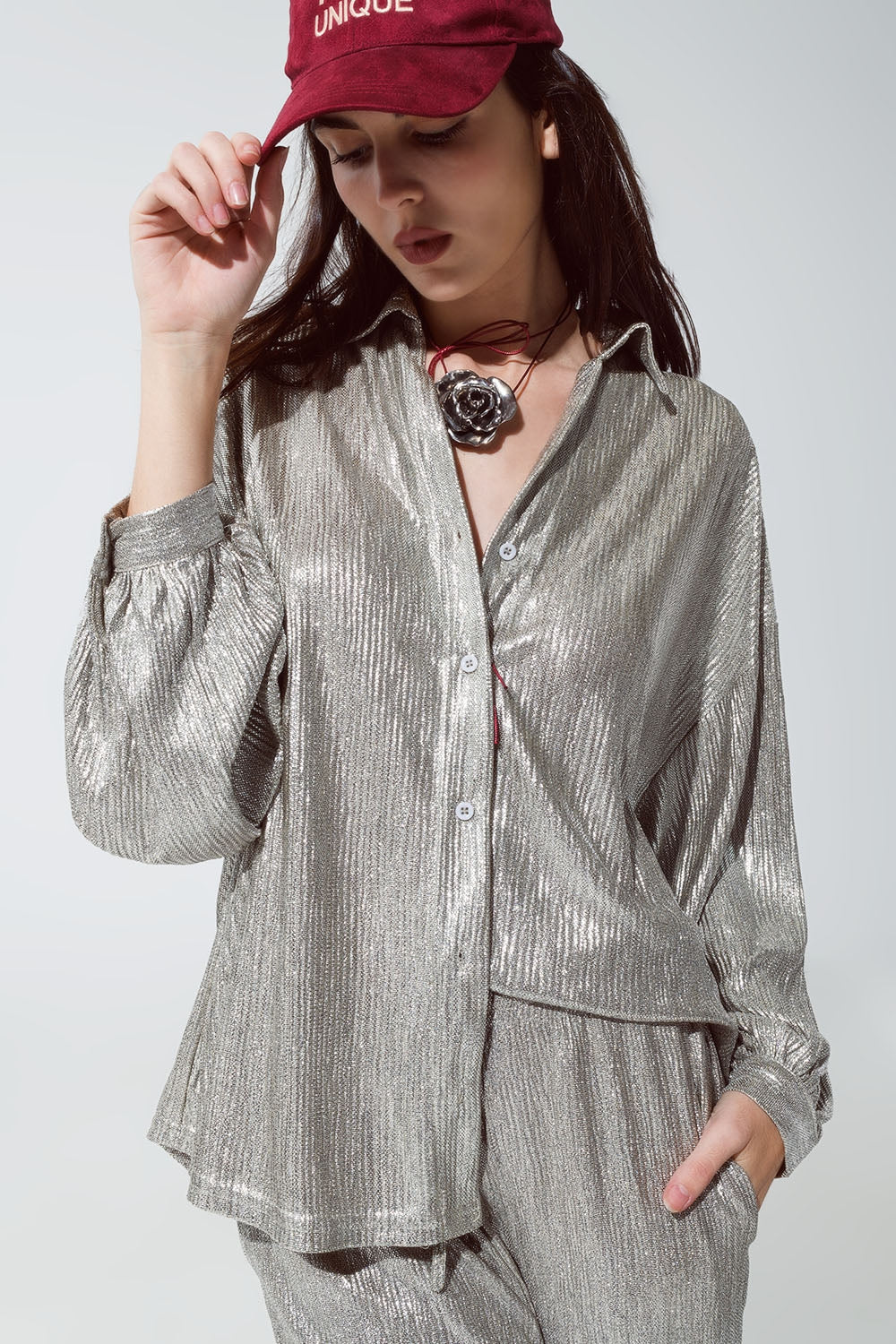Relaxed Fit Button Down Shirt With Balloon Sleeves in Silver - Shirts