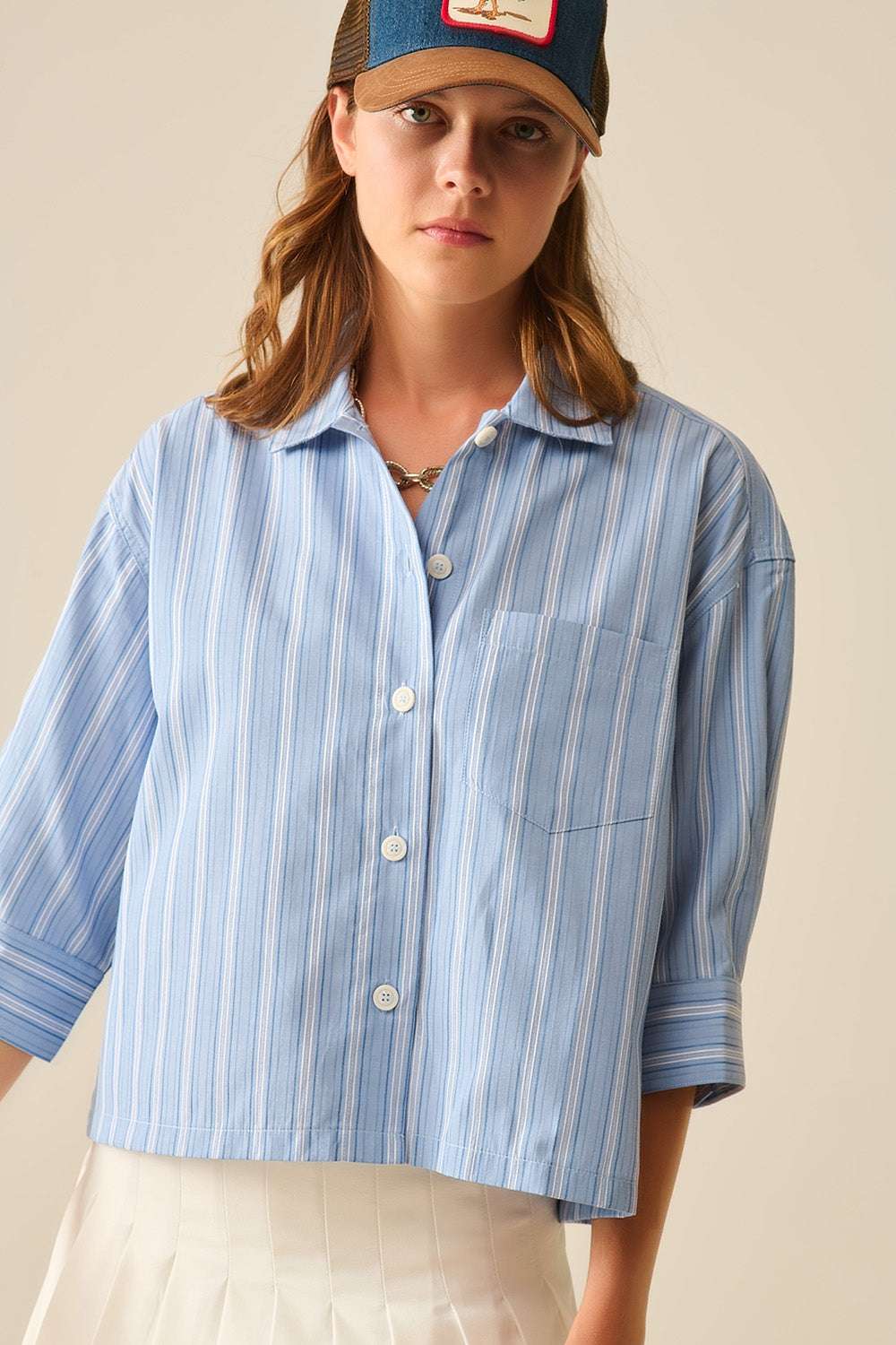 Relaxed fit Cropped Striped Shirt in Blue - Shirts