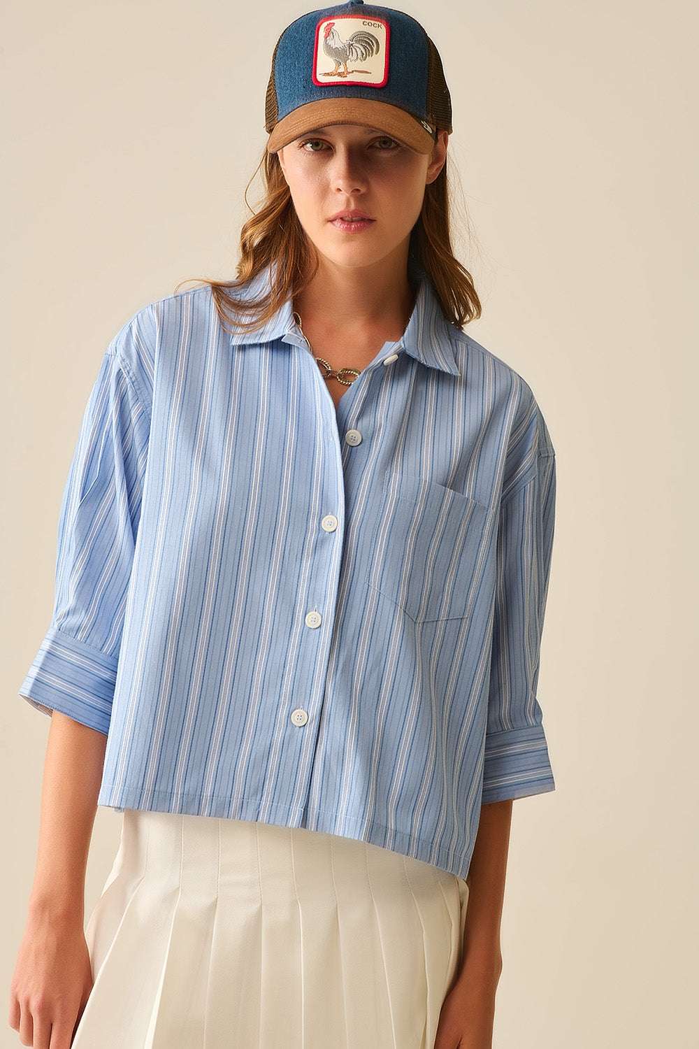 Relaxed fit Cropped Striped Shirt in Blue - Shirts