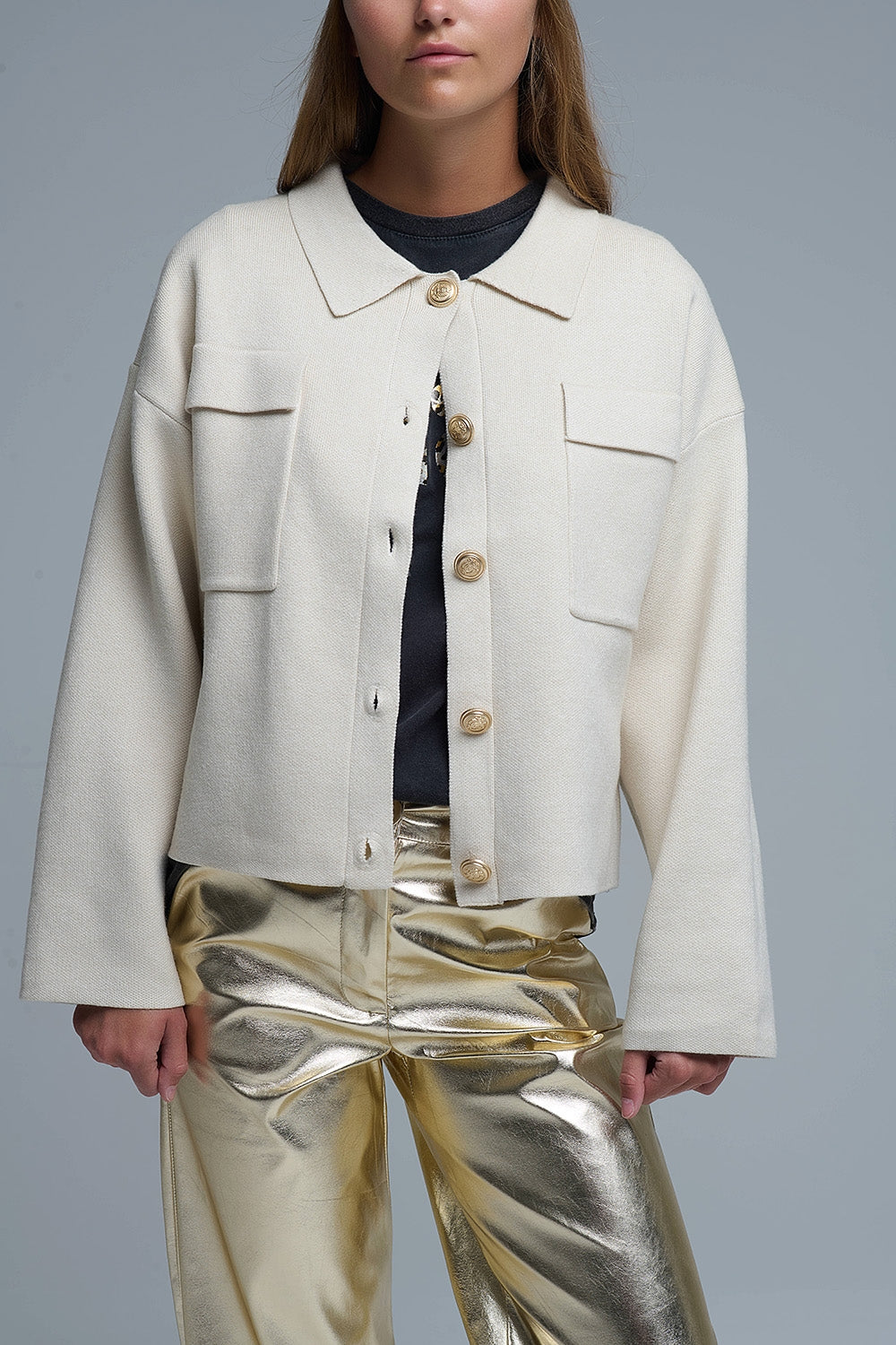Relaxed Formal Knitted Cardigan With Chest Pockets in Beige - Sweaters