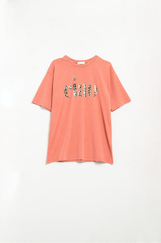 relaxed orange T-shirt With Ciao in Leopard Print