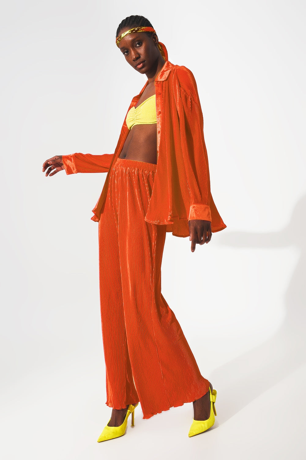 Relaxed pleated satin shirt in orange Q2 Shirts BoutiqueLua