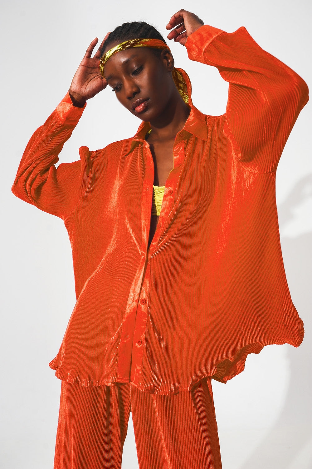Relaxed pleated satin shirt in orange Q2 Shirts BoutiqueLua