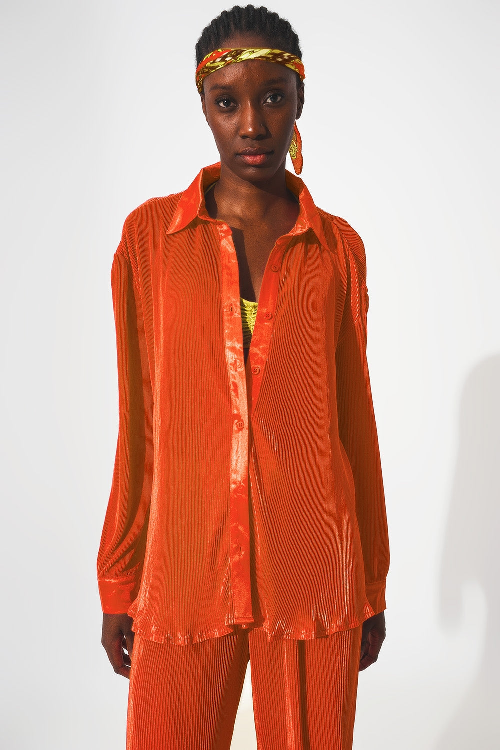 Relaxed pleated satin shirt in orange Q2 Shirts BoutiqueLua
