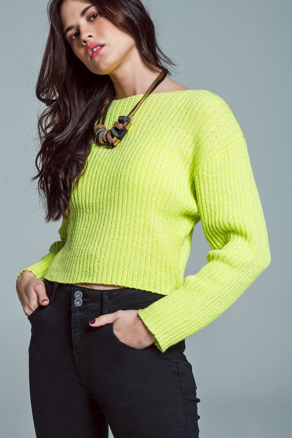 Relaxed Ribbed Boat Neck Sweater in Lime Green Q2 Sweaters BoutiqueLua