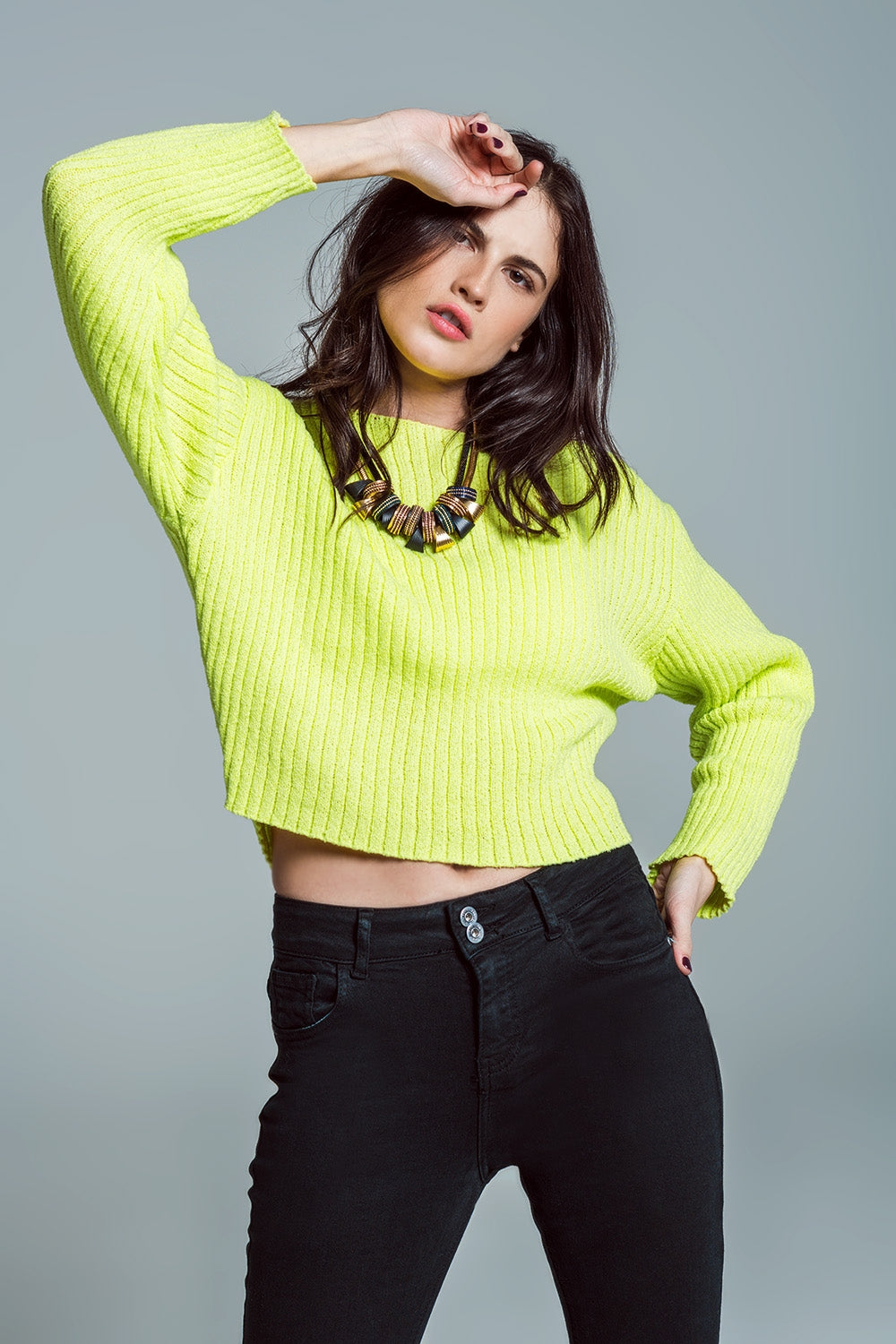 Relaxed Ribbed Boat Neck Sweater in Lime Green Q2 Sweaters BoutiqueLua