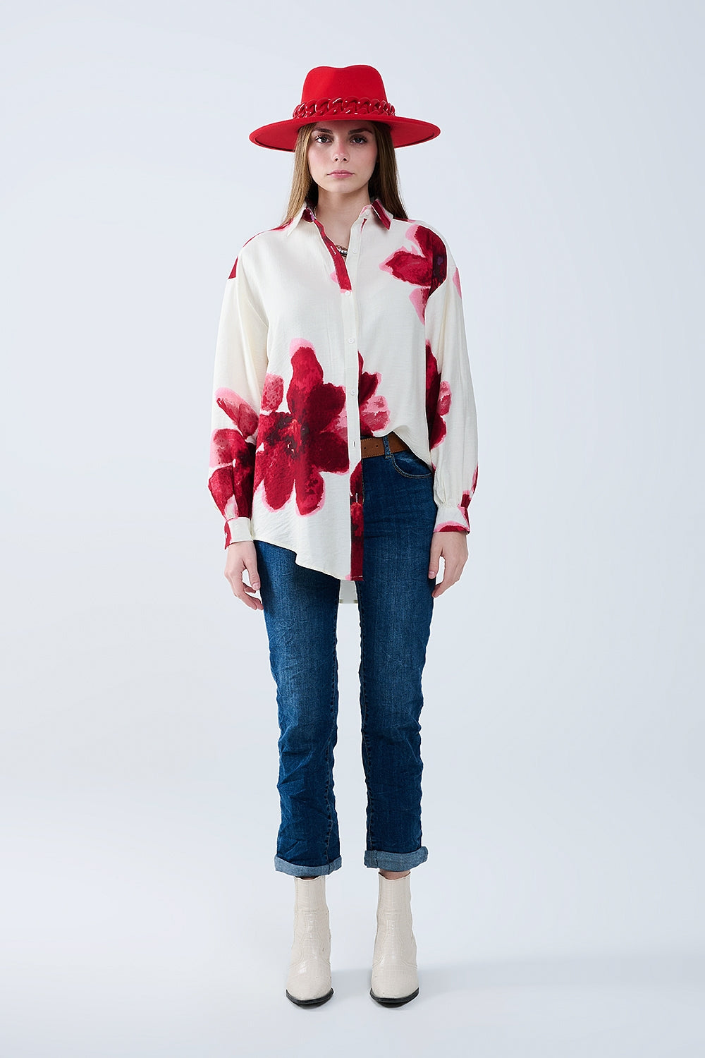 Relaxed Shirt in Beige With Red Tropical Flower Print in Red - Shirts