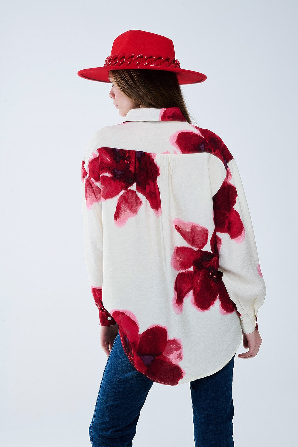 Relaxed Shirt in Beige With Red Tropical Flower Print in Red - Shirts