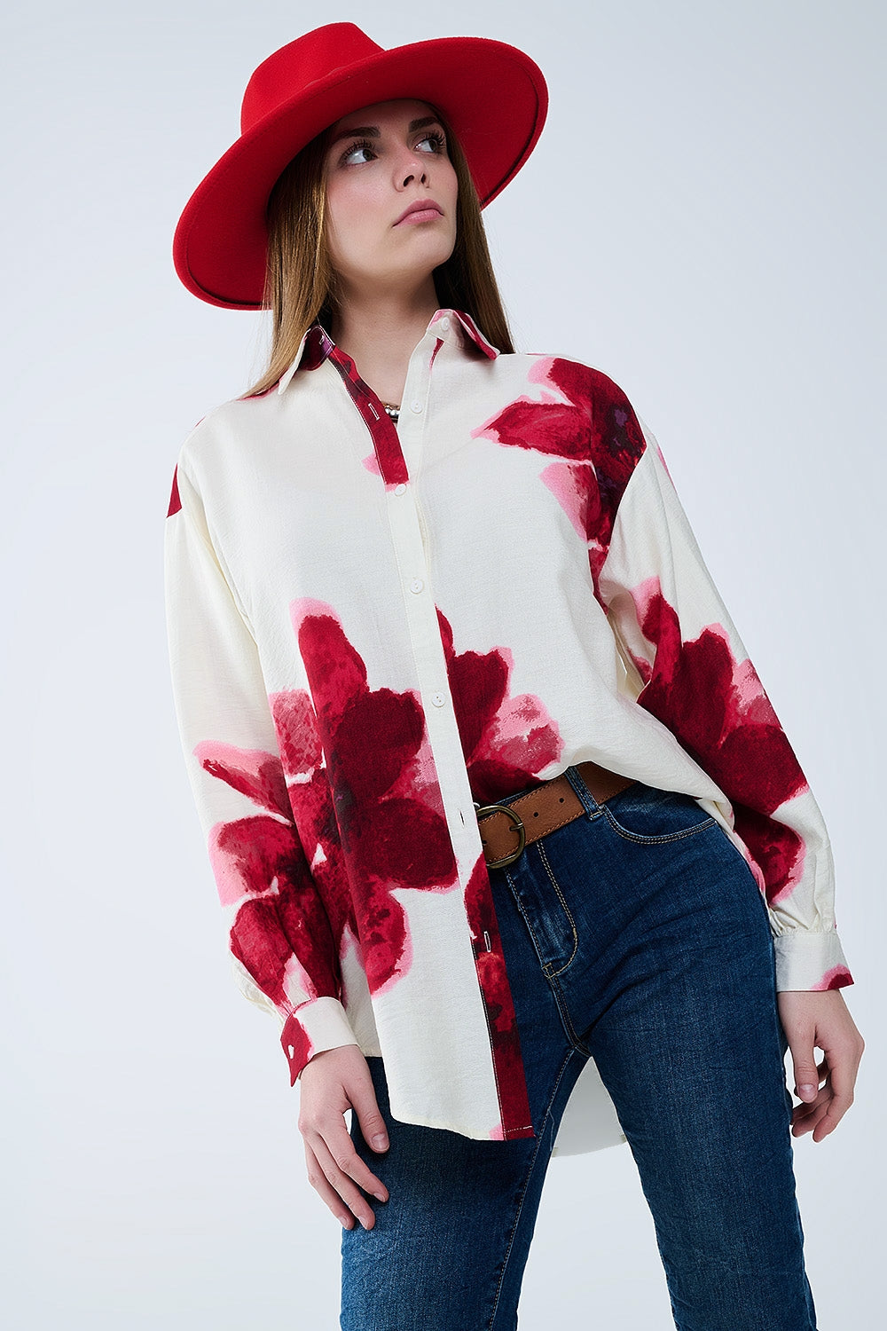 Relaxed Shirt in Beige With Red Tropical Flower Print in Red - Shirts