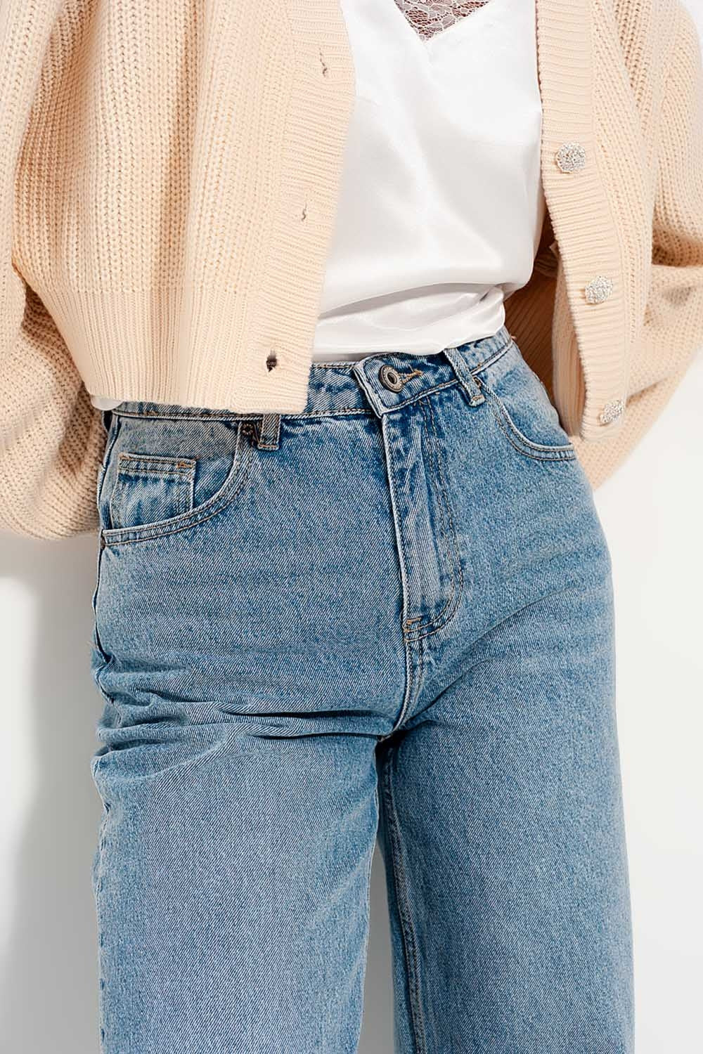 Relaxed straight leg jeans with turn up in bleach wash - Jeans