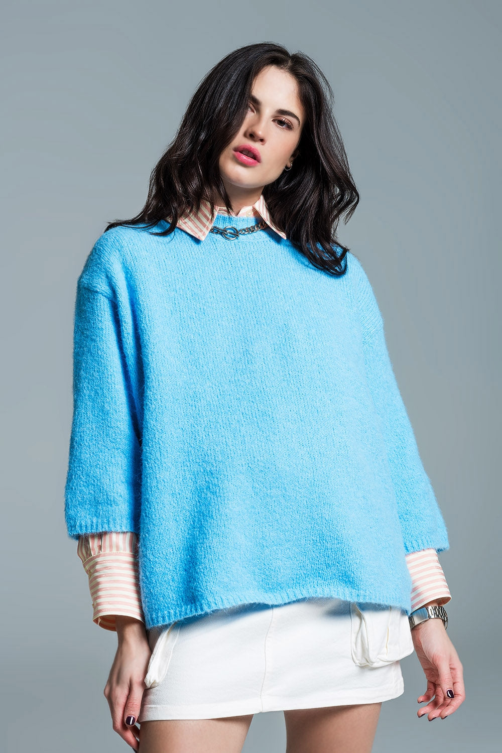Relaxed sweater with french sleeve and crewneck in blue Q2 Sweaters BoutiqueLua