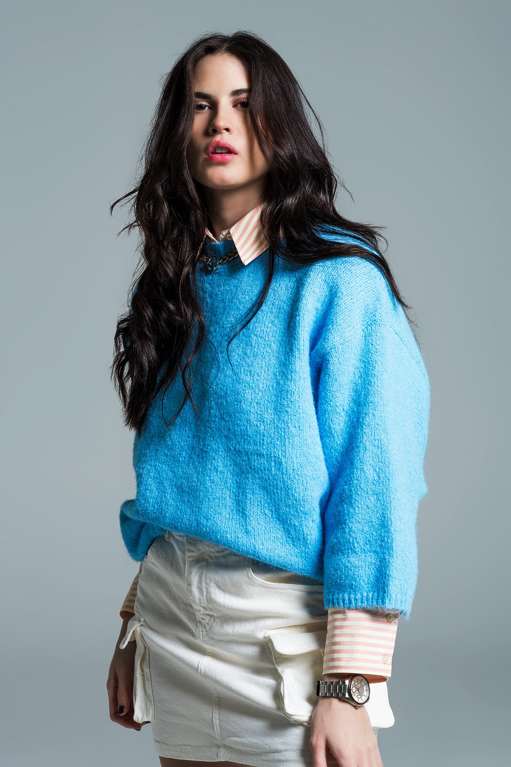 Relaxed sweater with french sleeve and crewneck in blue Q2 Sweaters BoutiqueLua