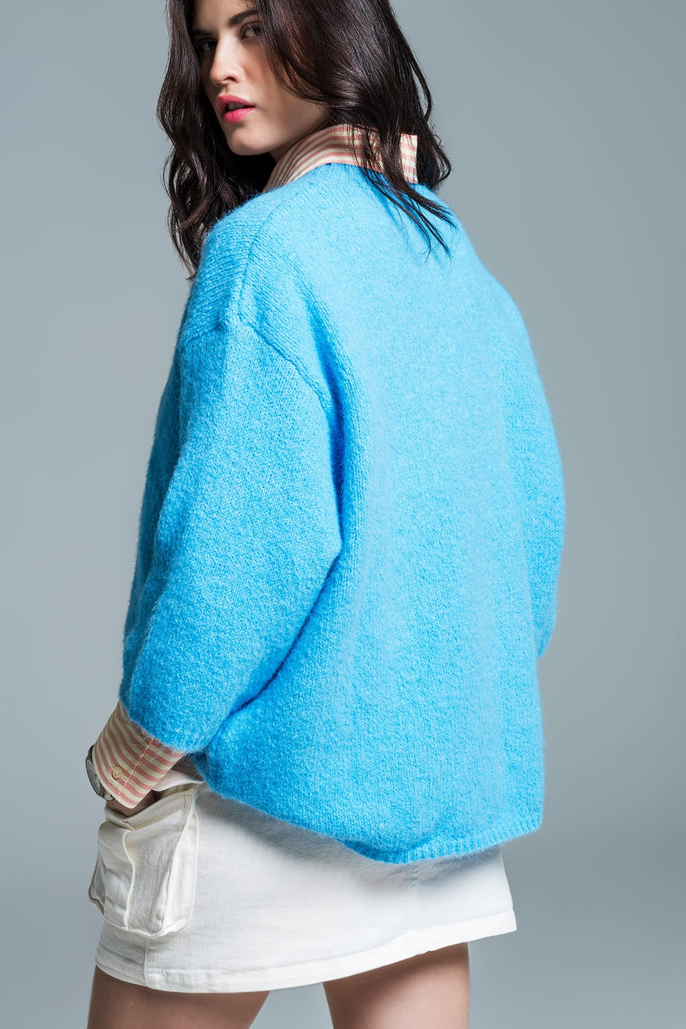 Relaxed sweater with french sleeve and crewneck in blue Q2 Sweaters BoutiqueLua