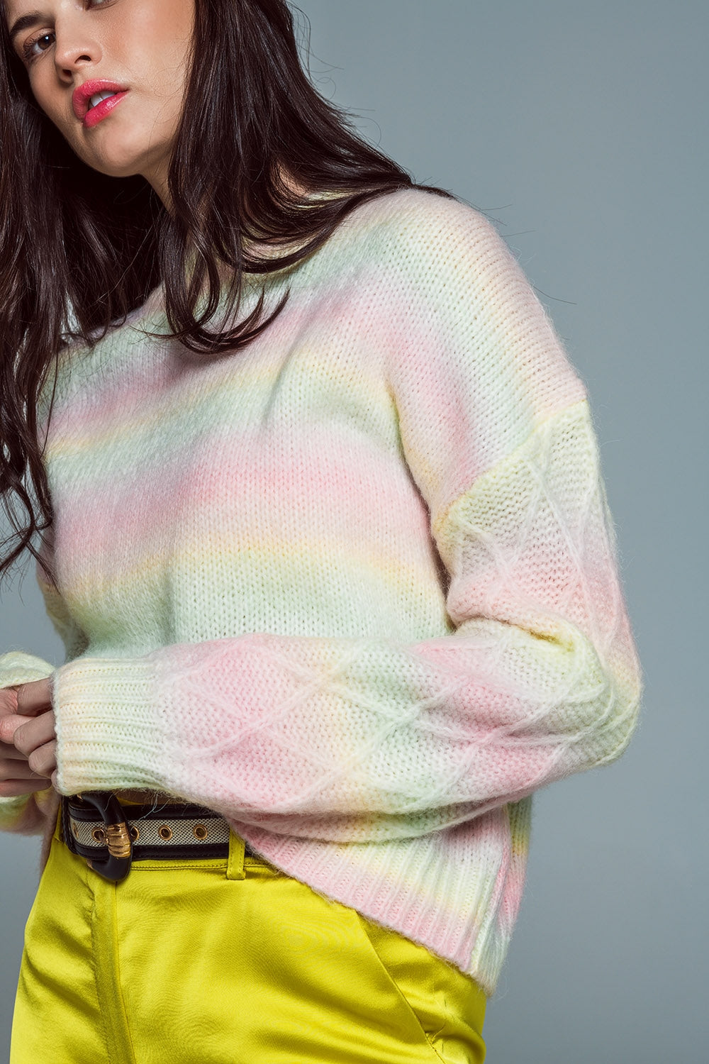 Relaxed Sweater With Ombre Print in Shades Of Pastel And Argyle Print At The Sleeves - Jumpers