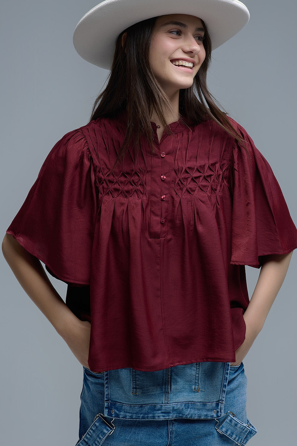 Relaxed wine-colored boho-style blouse with embroidered details - Shirts