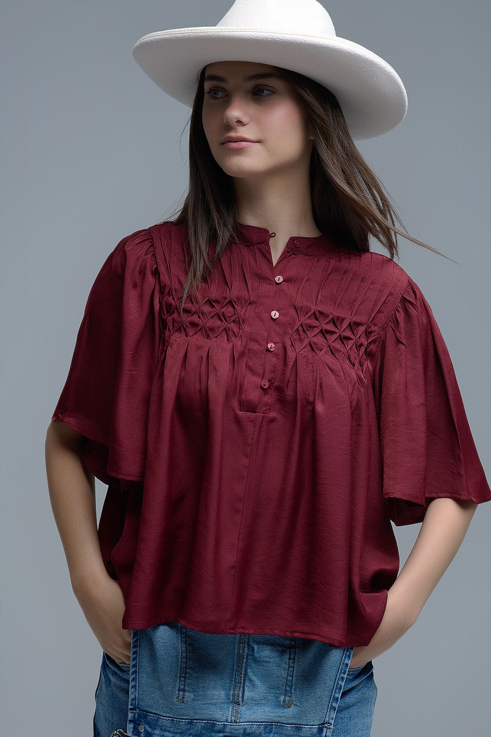 Relaxed wine-colored boho-style blouse with embroidered details - Shirts