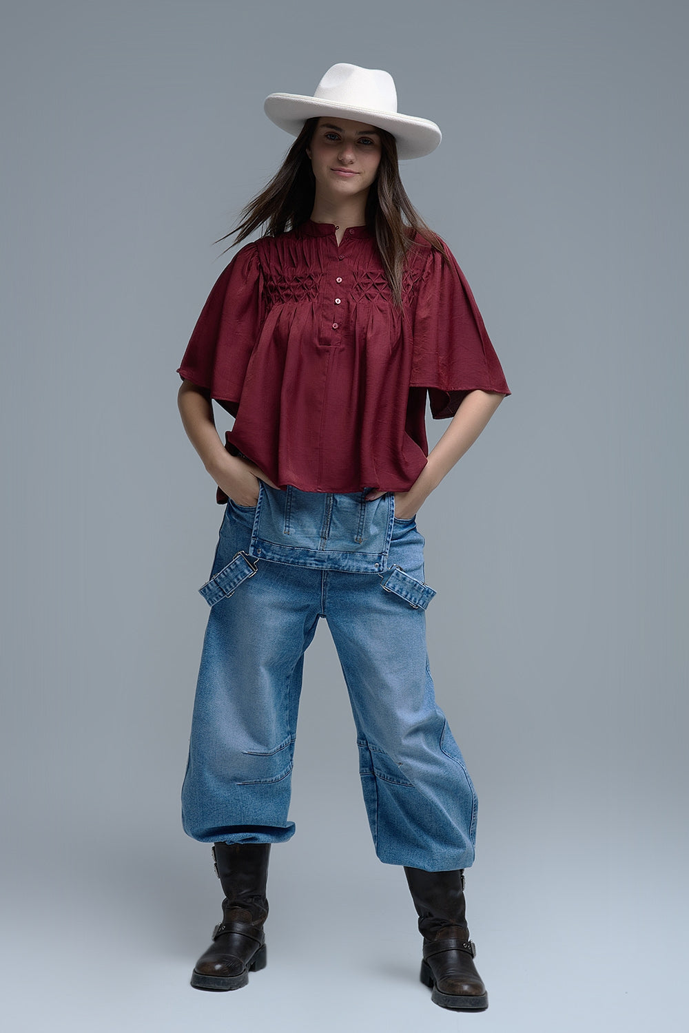 Relaxed wine-colored boho-style blouse with embroidered details - Shirts