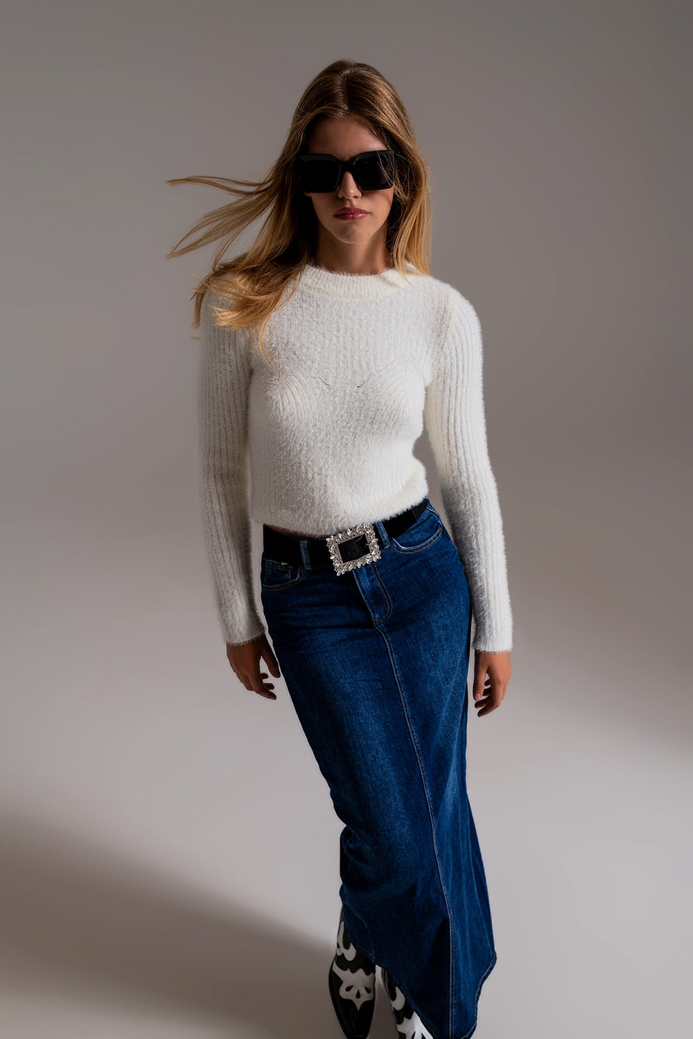 RIbbed Cropped Sweater With Stitching Detail in Ecru - Tops