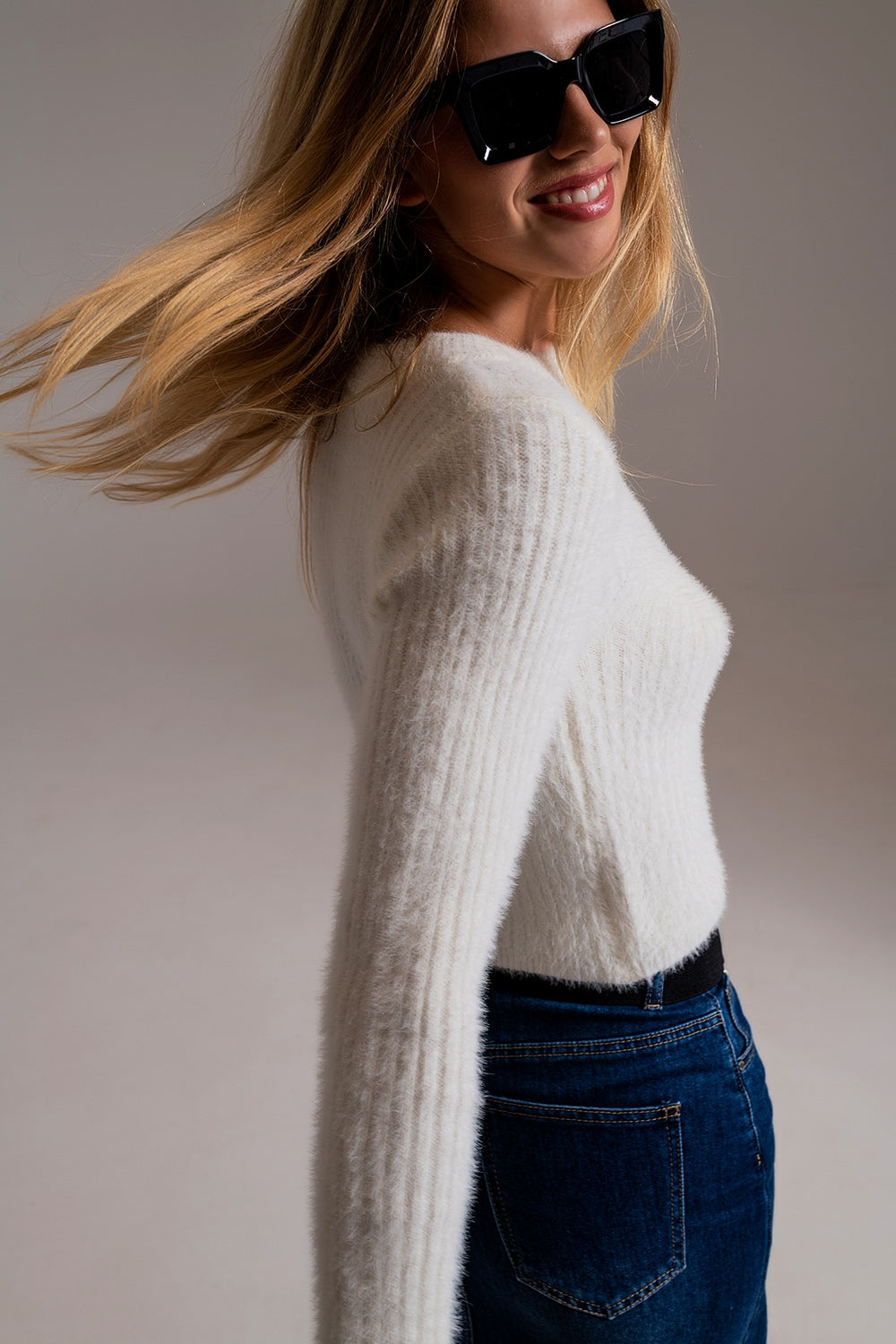 RIbbed Cropped Sweater With Stitching Detail in Ecru - Tops