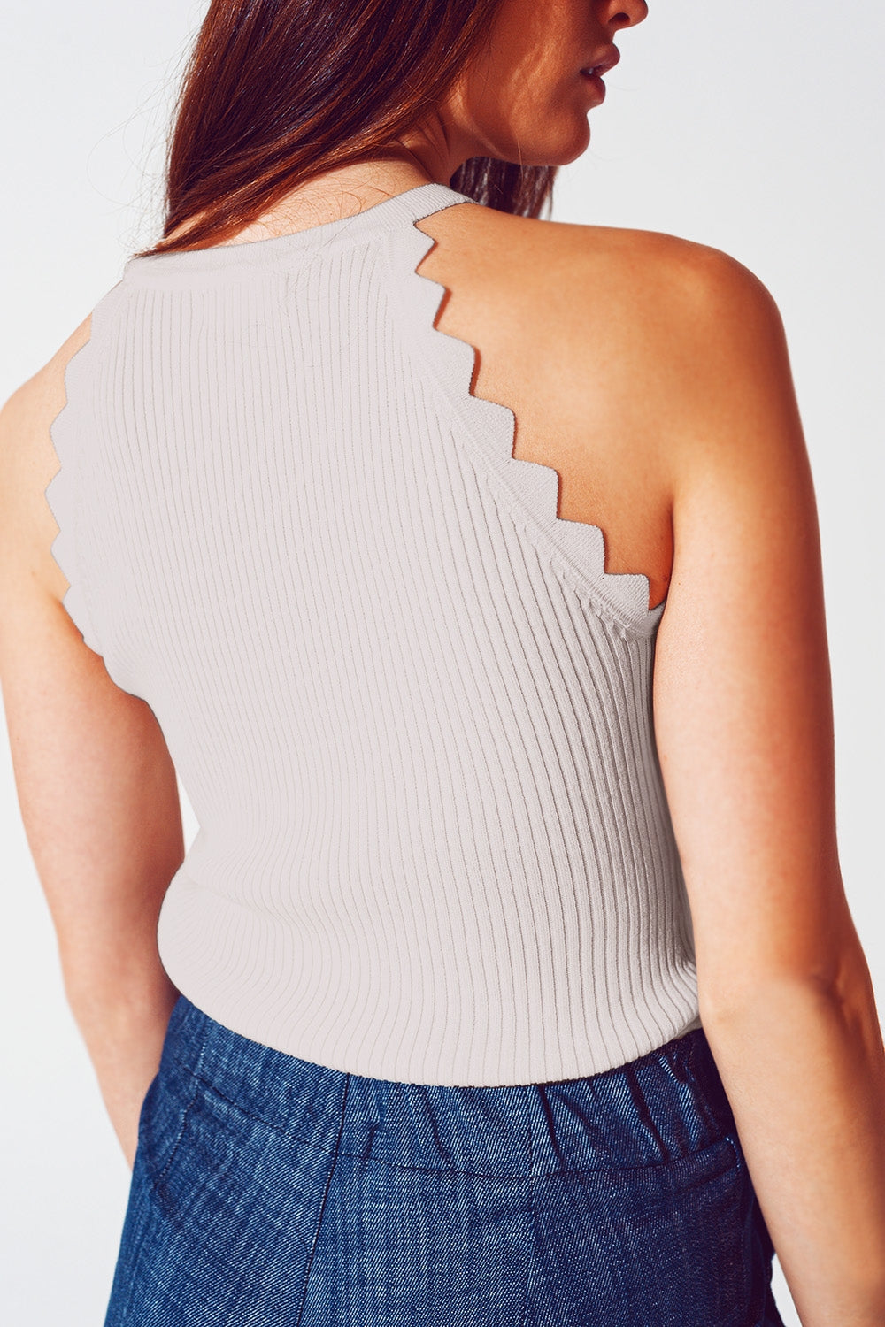 Ribbed Halter Top With Scalloped Finish in beige - Tops