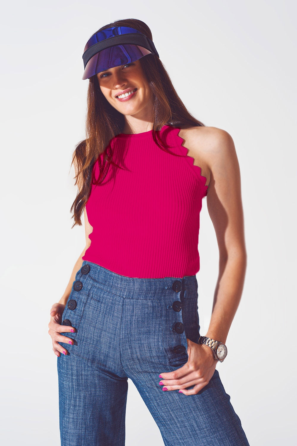 Ribbed Halter Top With Scalloped Finish in Fuchsia - Tops