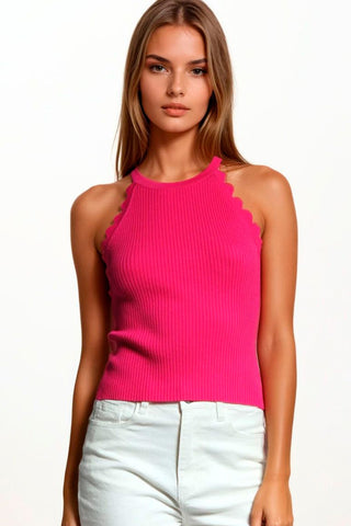 Ribbed Halter Top With Scalloped Finish in Fuchsia