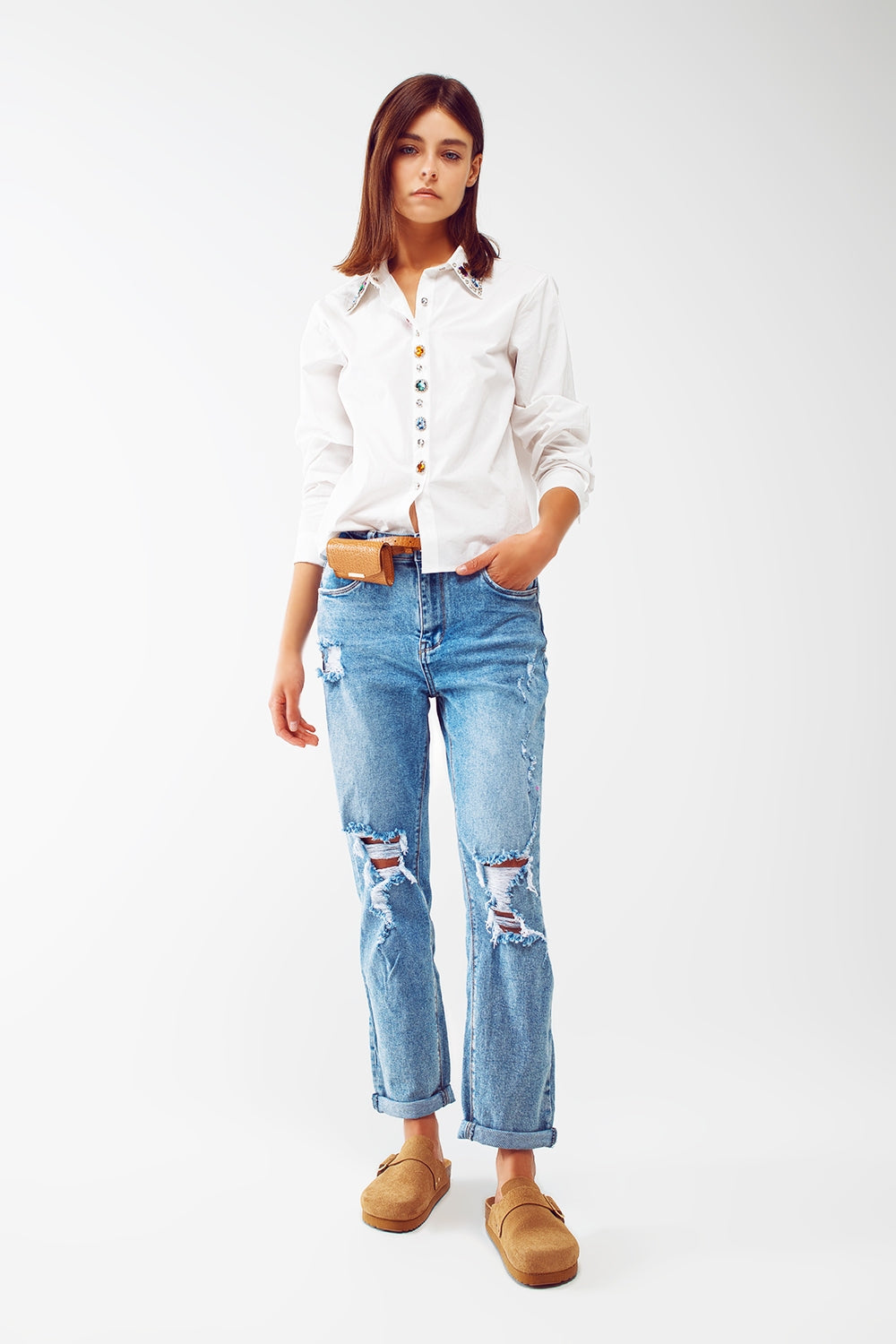 Ripped knee straight leg jeans in light blue wash - Jeans