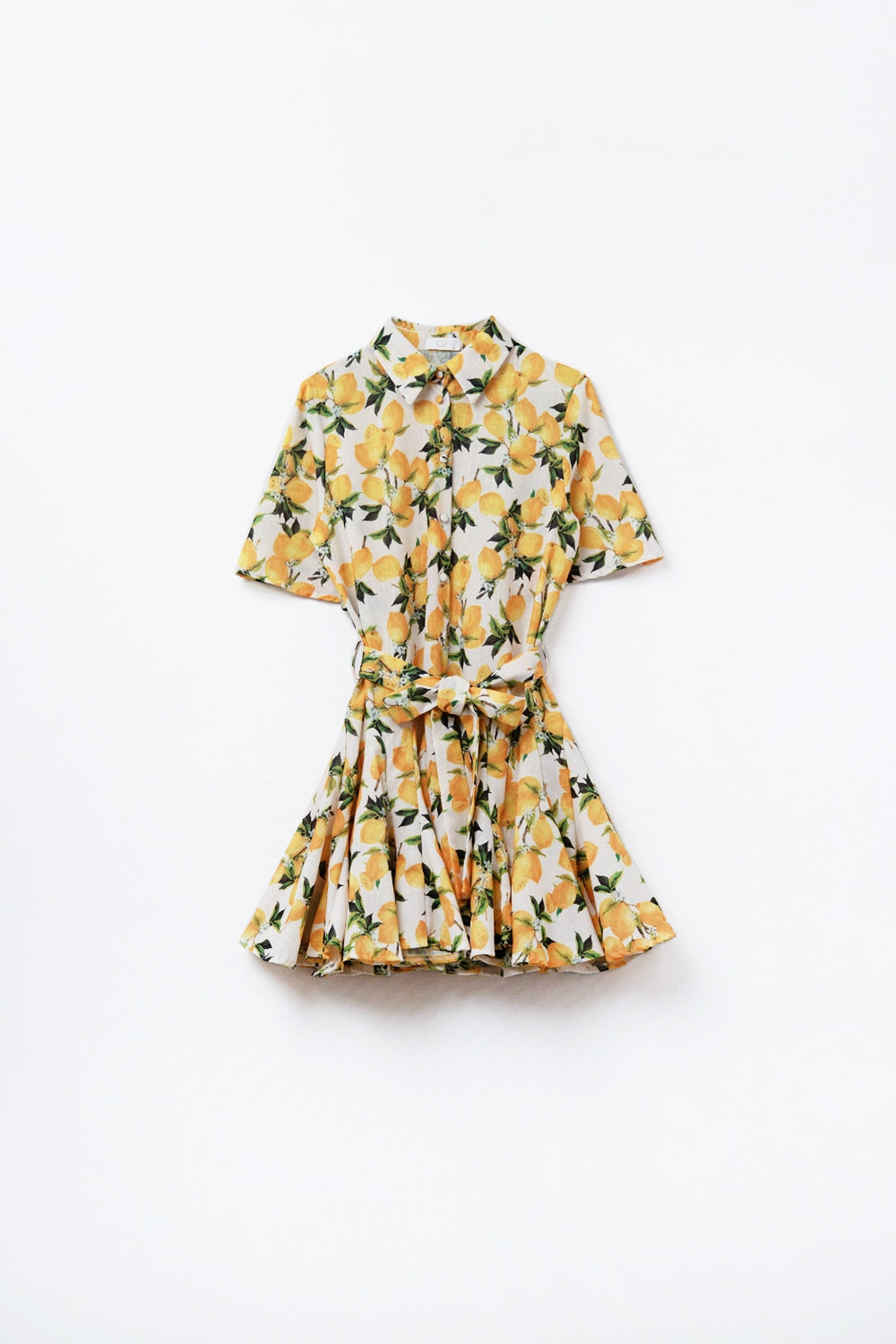 Romantic dress with waistband and lemon print and short sleeves - Dresses