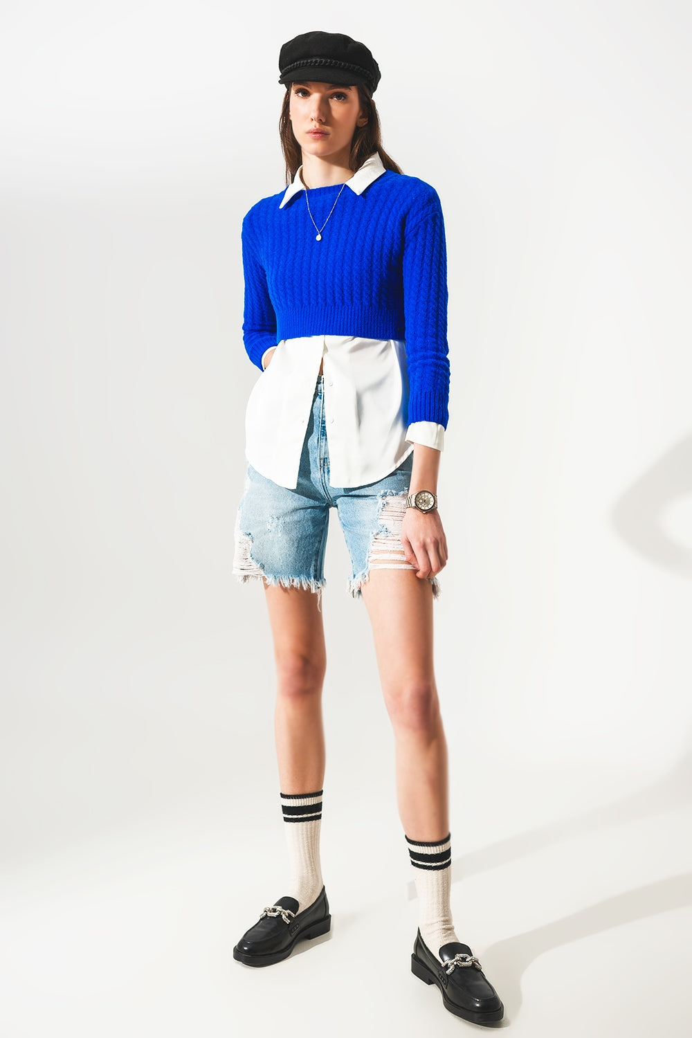 Round neck cable knit crop jumper in blue Q2 Sweaters BoutiqueLua