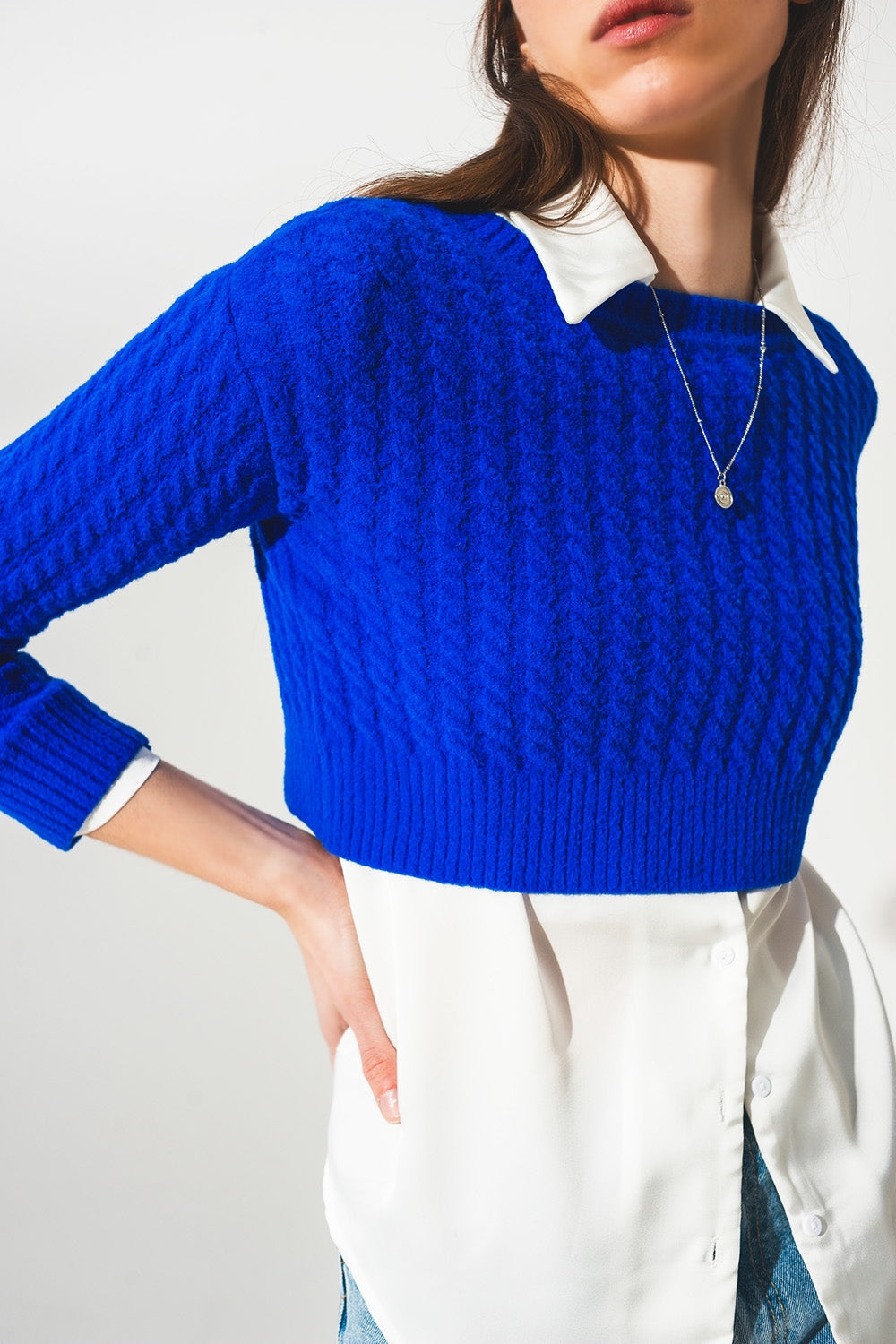 Round neck cable knit crop jumper in blue Q2 Sweaters BoutiqueLua