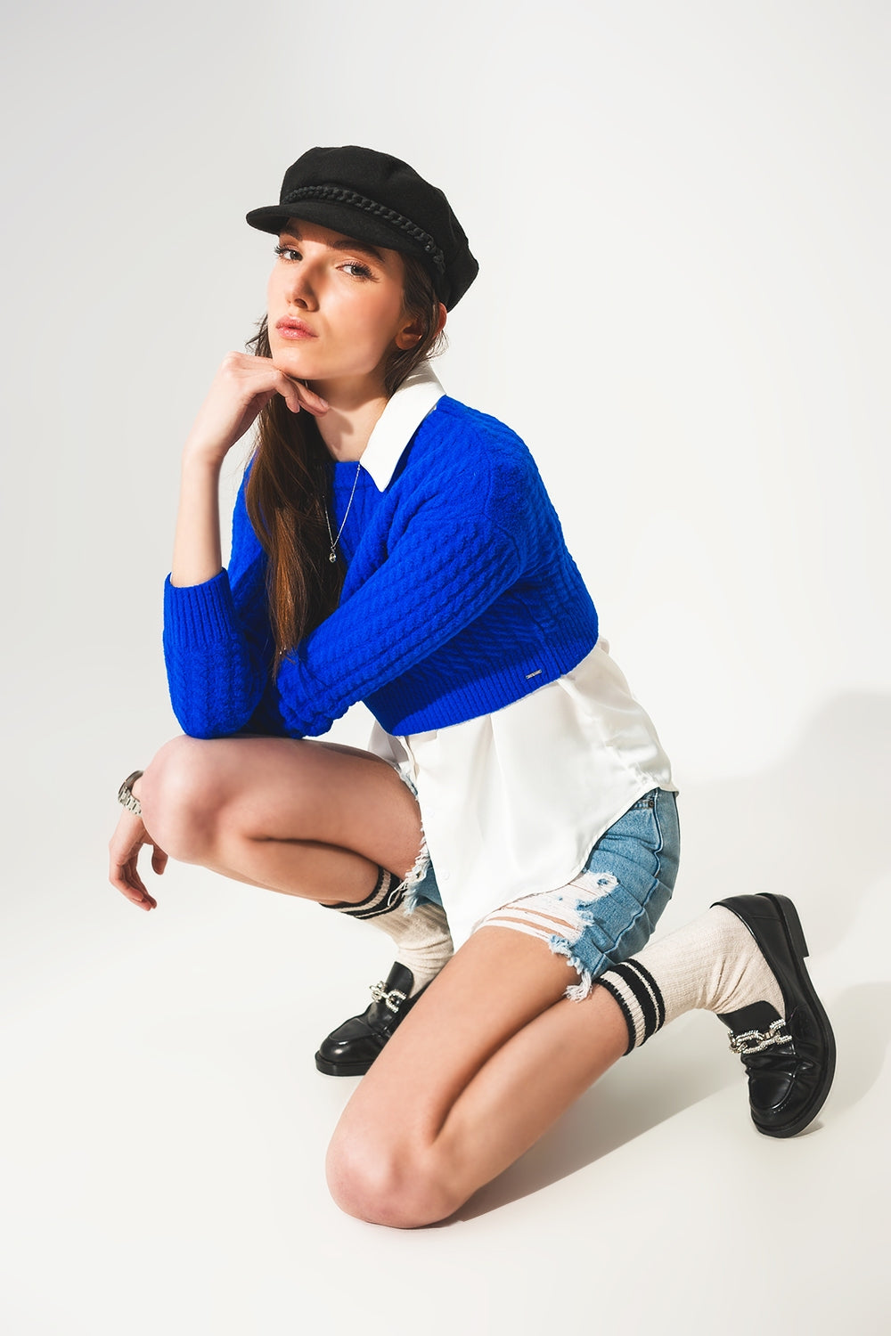Round neck cable knit crop jumper in blue Q2 Sweaters BoutiqueLua
