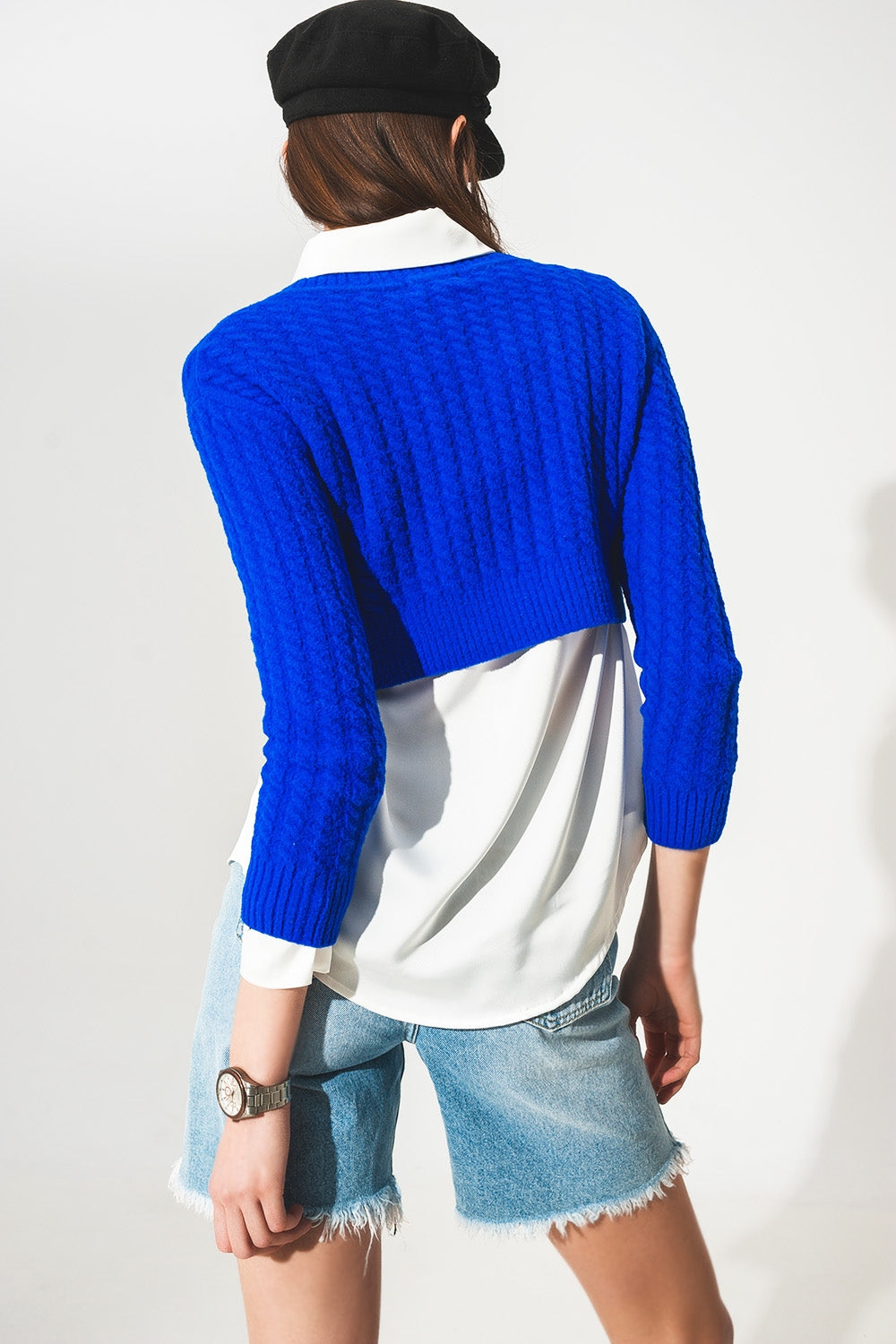 Round neck cable knit crop jumper in blue Q2 Sweaters BoutiqueLua