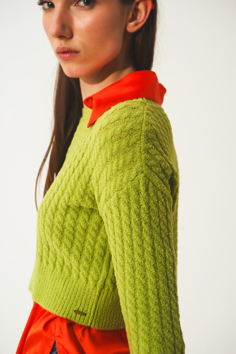 Round neck cable knit crop jumper in lime green Q2 Sweaters BoutiqueLua
