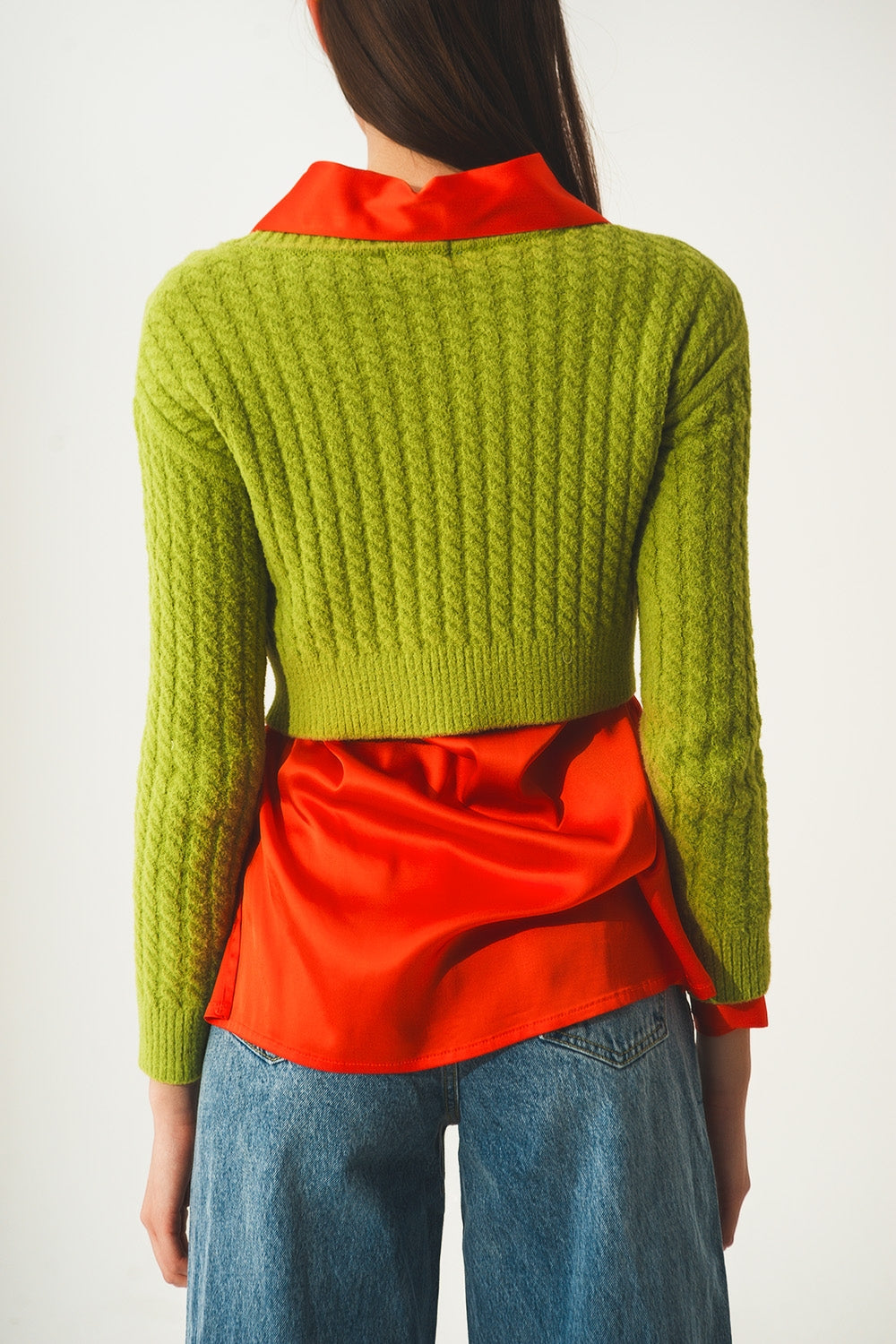 Round neck cable knit crop jumper in lime green Q2 Sweaters BoutiqueLua