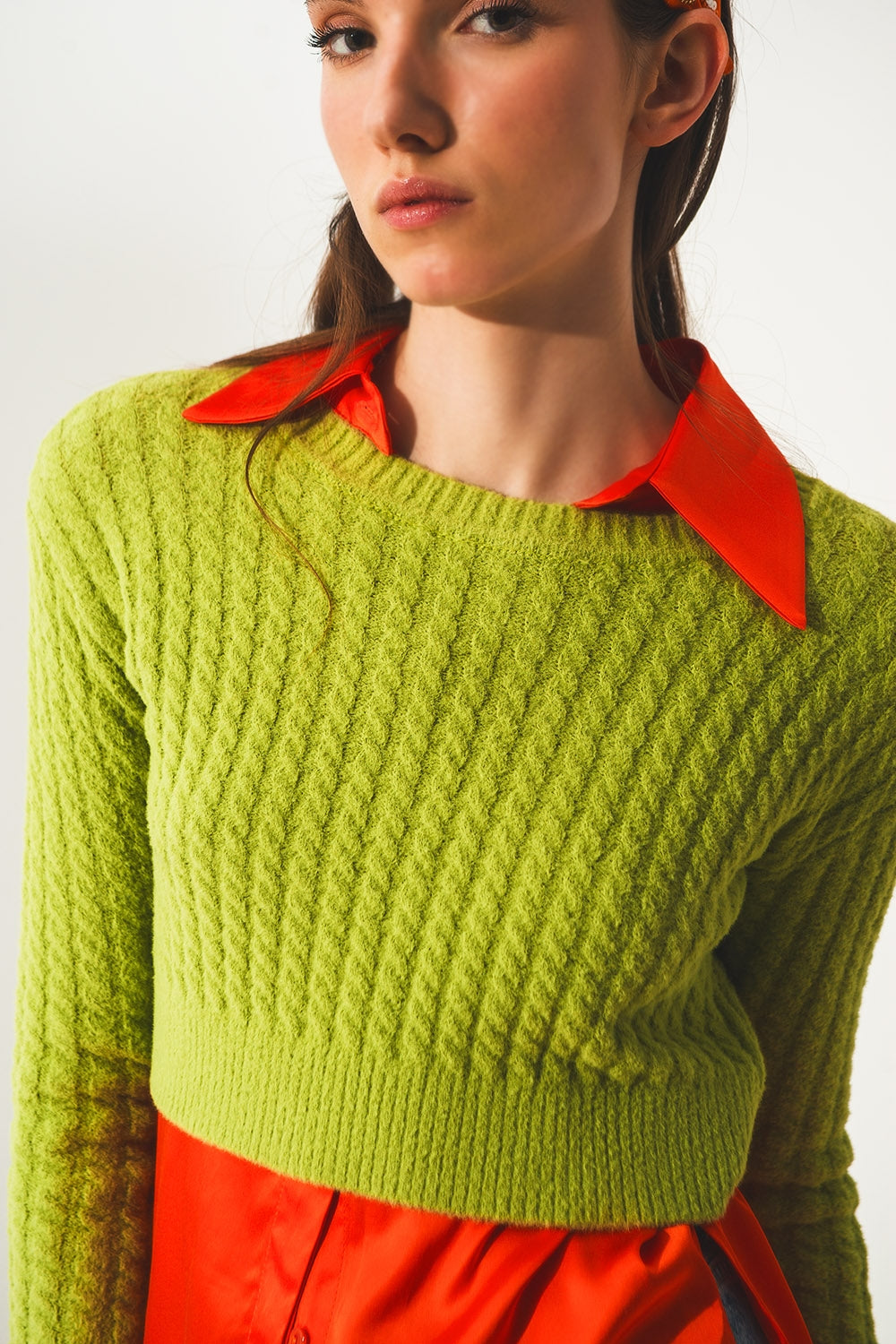 Round neck cable knit crop jumper in lime green Q2 Sweaters BoutiqueLua