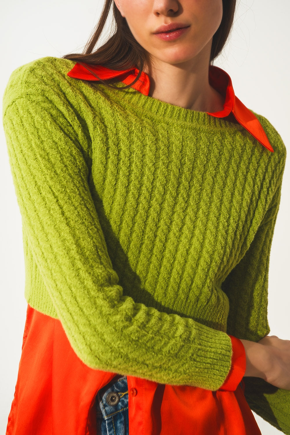 Round neck cable knit crop jumper in lime green Q2 Sweaters BoutiqueLua
