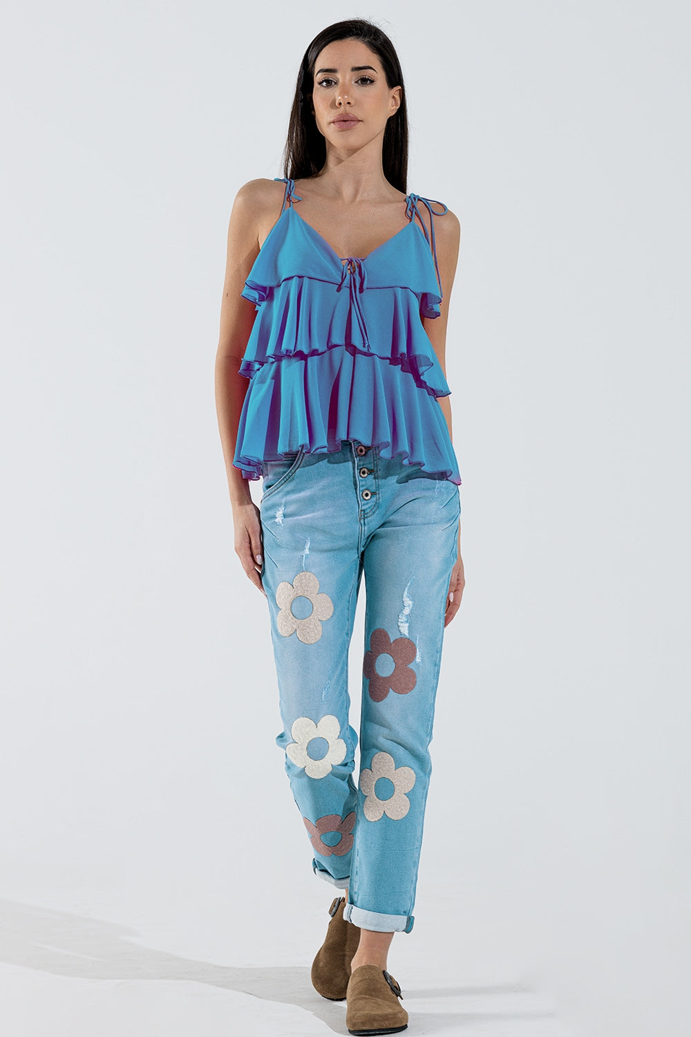 Ruffle Top WIth Thin straps in Blue - Tops
