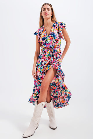 Ruffle wrap maxi dress in blue floral