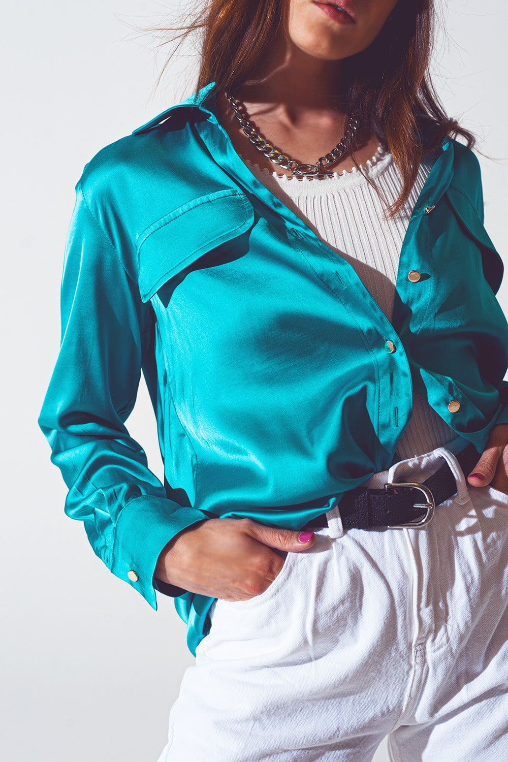 satin blouse in turquoise Q2 Shirts BoutiqueLua
