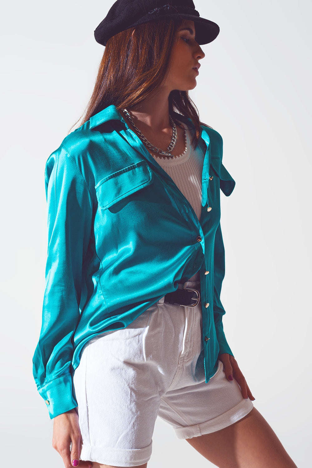 satin blouse in turquoise Q2 Shirts BoutiqueLua