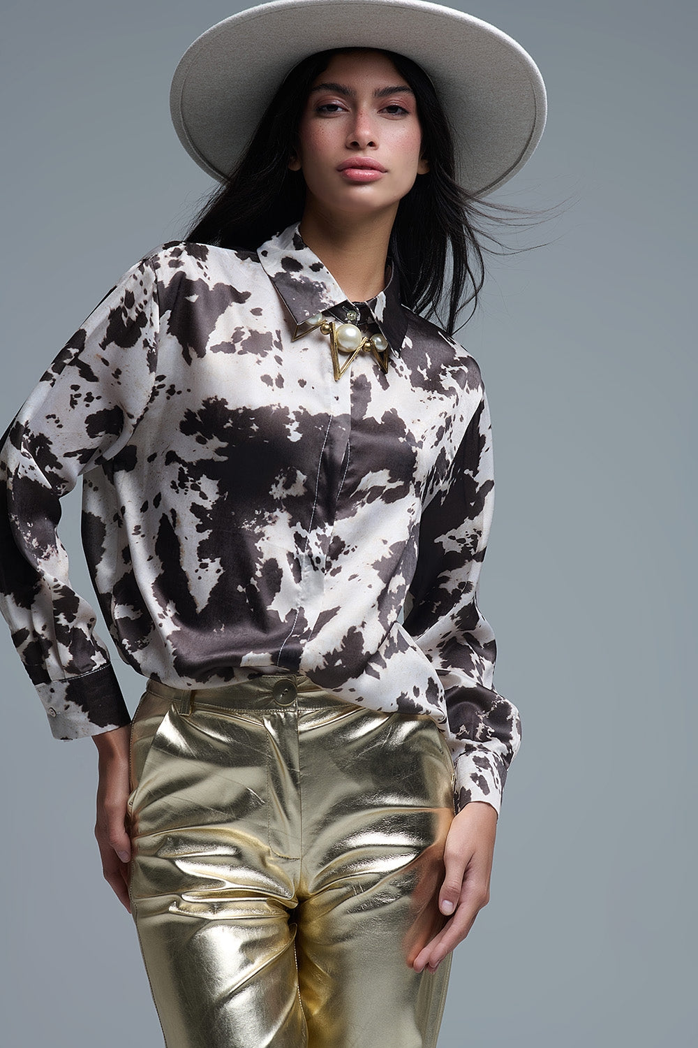 Satin Brown and Cream Cow Print Relaxed Shirt - Shirts
