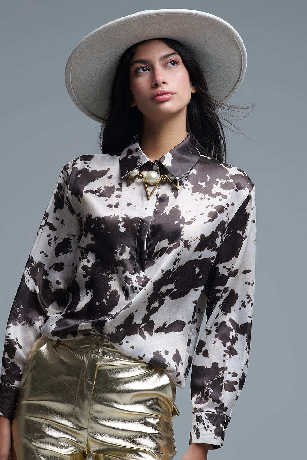 Satin Brown and Cream Cow Print Relaxed Shirt - Shirts