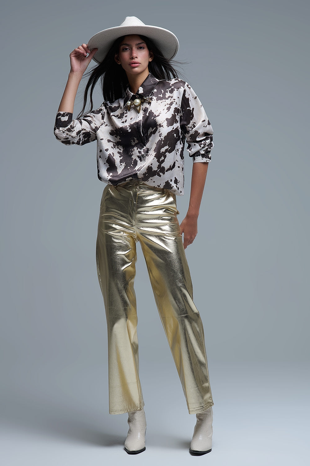 Satin Brown and Cream Cow Print Relaxed Shirt - Shirts