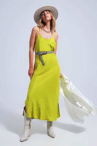 Vestido midi de cetim com alças finas e decote em V verde