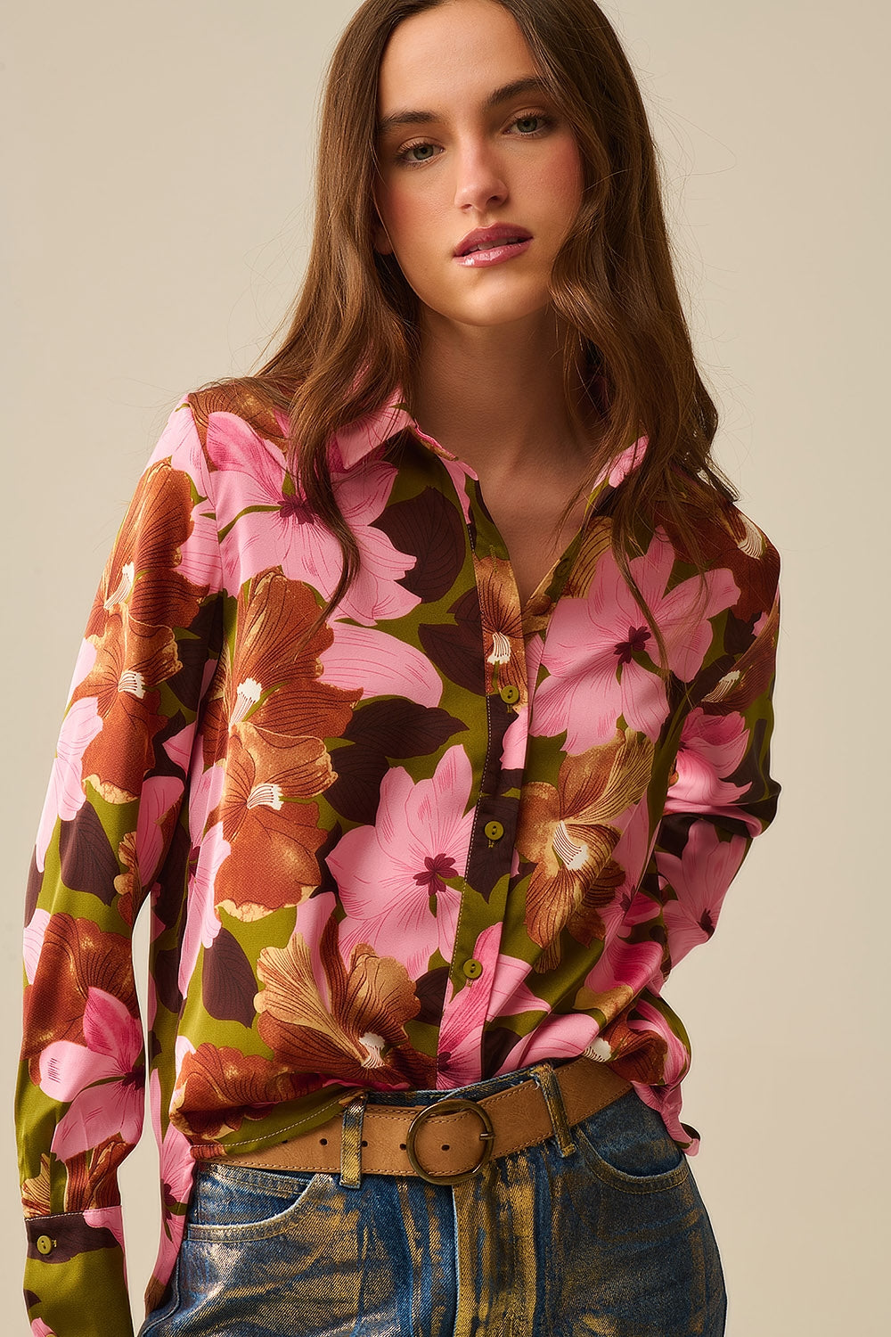 Satin Finish Tropical Floral Shirt in Olive Green - Shirts