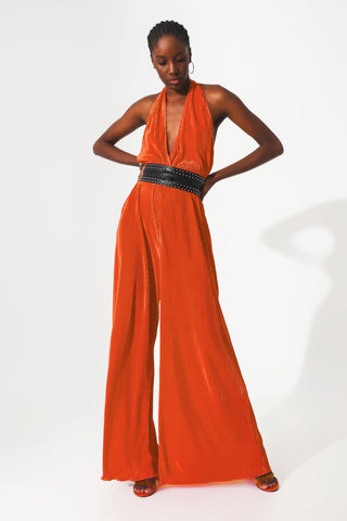 Combinaison longue plissée en satin à col licou en orange